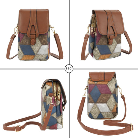 Color-Block Diamond Pattern PU Leather Crossbody Phone Bag – Retro Mini Wallet with Adjustable Strap & Dual Zipper Closure (Brown)