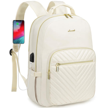 Stylish Laptop Backpack for Women – Large Capacity 27L Computer Bag with 15.6 Inch Compartment, USB Charging Port & 16 Pockets – Ideal for College, Work & Travel (White)