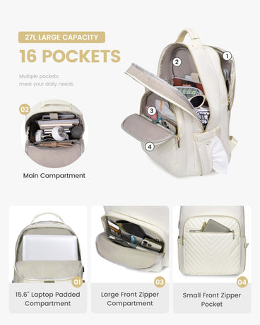 Stylish Laptop Backpack for Women – Large Capacity 27L Computer Bag with 15.6 Inch Compartment, USB Charging Port & 16 Pockets – Ideal for College, Work & Travel (White)