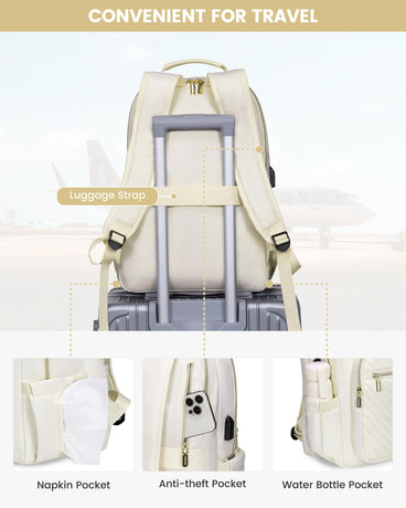 Stylish Laptop Backpack for Women – Large Capacity 27L Computer Bag with 15.6 Inch Compartment, USB Charging Port & 16 Pockets – Ideal for College, Work & Travel (White)