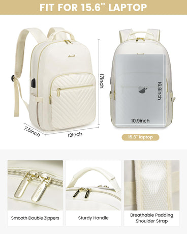 Stylish Laptop Backpack for Women – Large Capacity 27L Computer Bag with 15.6 Inch Compartment, USB Charging Port & 16 Pockets – Ideal for College, Work & Travel (White)