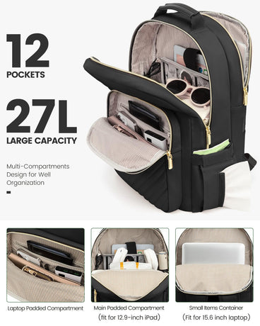 Stylish Laptop Backpack for Women – Large Capacity 27L Computer Bag with 15.6 Inch Compartment, USB Charging Port & 16 Pockets – Ideal for College, Work & Travel (Black)