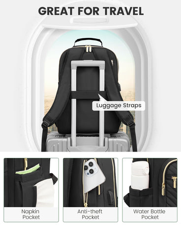 Stylish Laptop Backpack for Women – Large Capacity 27L Computer Bag with 15.6 Inch Compartment, USB Charging Port & 16 Pockets – Ideal for College, Work & Travel (Black)