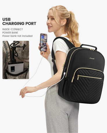 Stylish Laptop Backpack for Women – Large Capacity 27L Computer Bag with 15.6 Inch Compartment, USB Charging Port & 16 Pockets – Ideal for College, Work & Travel (Black)