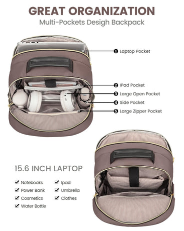 Stylish Laptop Backpack for Women – Large Capacity 27L Computer Bag with 15.6 Inch Compartment, USB Charging Port & 16 Pockets – Ideal for College, Work & Travel (Brown)