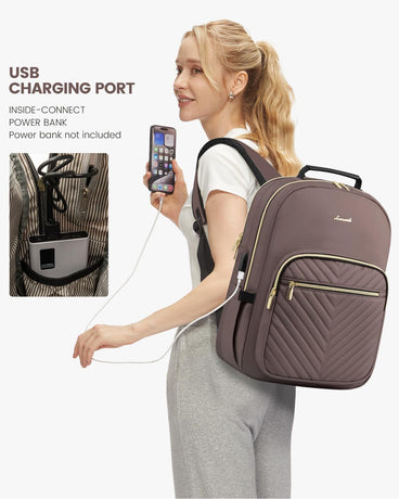 Stylish Laptop Backpack for Women – Large Capacity 27L Computer Bag with 15.6 Inch Compartment, USB Charging Port & 16 Pockets – Ideal for College, Work & Travel (Brown)