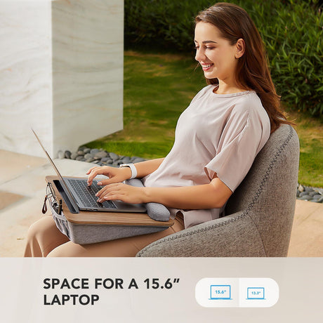 Portable Lap Desk for Students, Remote Workers & Readers – Laptop Table with Wrist Rest, Storage Pockets, Fits up to 15.6 inch Laptop for Bed, Couch or Dorm Use (Wood Grain)
