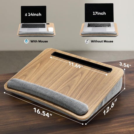 Portable Lap Desk for Students, Remote Workers & Readers – Laptop Table with Wrist Rest, Storage Pockets, Fits up to 15.6 inch Laptop for Bed, Couch or Dorm Use (Wood Grain)