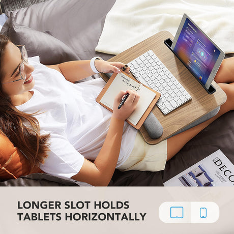 Portable Lap Desk for Students, Remote Workers & Readers – Laptop Table with Wrist Rest, Storage Pockets, Fits up to 15.6 inch Laptop for Bed, Couch or Dorm Use (Wood Grain)