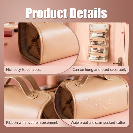 4-in-1 Expandable Makeup Bag with Removable Pockets – Waterproof Travel Cosmetic Organizer for Women, Large Capacity Vanity Case with Hanging Design (Brown)