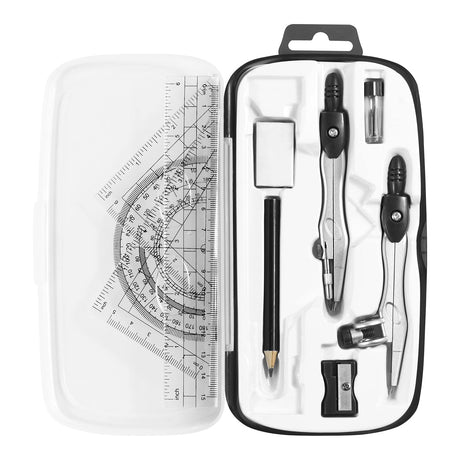 Complete 10-Piece Geometry Kit Set – Precision Drafting Tools with Metal Compasses, Rulers, Protractor & Pencil Sharpener – Ideal for Students, Engineers & Artists (Black)