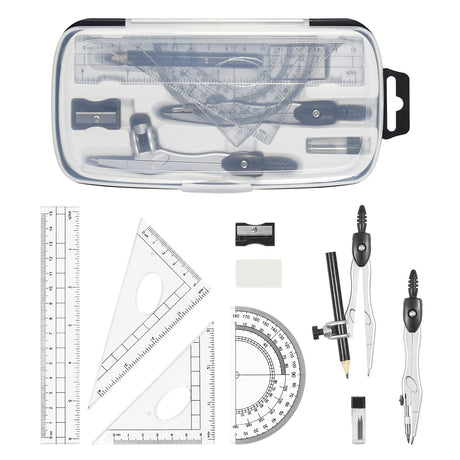 Complete 10-Piece Geometry Kit Set – Precision Drafting Tools with Metal Compasses, Rulers, Protractor & Pencil Sharpener – Ideal for Students, Engineers & Artists (Black)