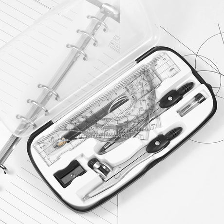 Complete 10-Piece Geometry Kit Set – Precision Drafting Tools with Metal Compasses, Rulers, Protractor & Pencil Sharpener – Ideal for Students, Engineers & Artists (Black)