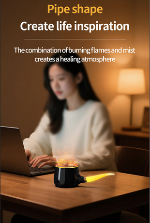 Pipe-Shaped Aromatherapy Humidifier with LED Flame & Mist – USB Desk Diffuser for Home, Office, Bedside (Black) | Other Colors Available in Store