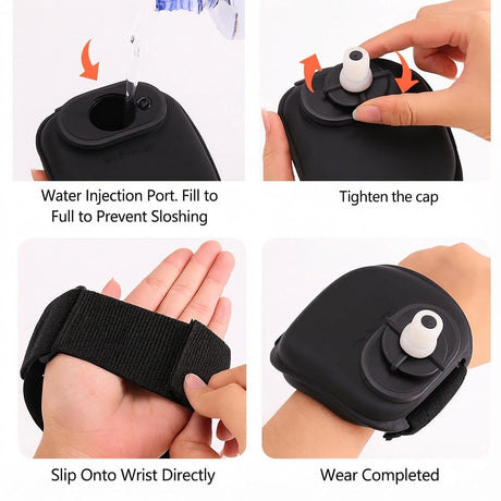 Wrist Water Bottle 7oz Hydration Flask – Hands-Free Leak-Proof Silicone Drink Container for Running, Cycling, Hiking & Fitness Training (Black)