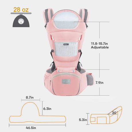 6-in-1 Adjustable Baby Carrier with Hip Seat – 11.8–15.7in Adjustable Height, Breathable Mesh & Multi-Position Carry for Newborn to 36 Months (Pink)