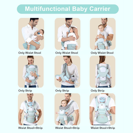 6-in-1 Adjustable Baby Carrier with Hip Seat – 11.8–15.7in Adjustable Height, Breathable Mesh & Multi-Position Carry for Newborn to 36 Months (Green)
