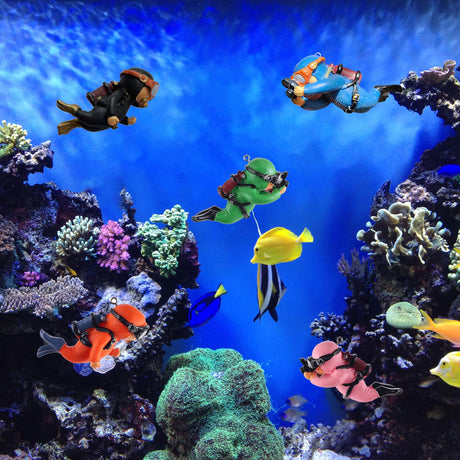 5-Piece Floating Aquarium Diver Decor Set – Cute Underwater Explorer Ornaments with Adjustable Buoyancy for Fish Tank, Aquatic Decoration (Red,Green,Orange,Blue,Purple)