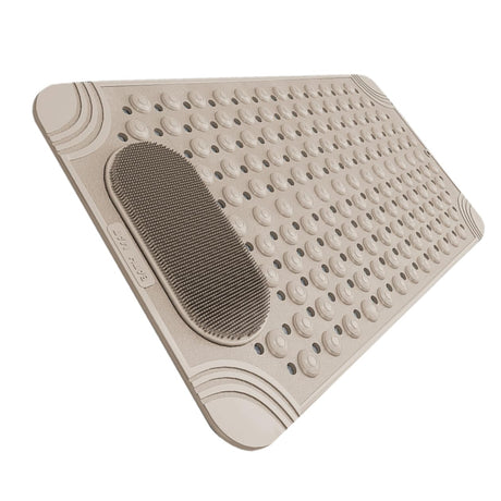 Non-Slip Bath Mat with Foot Scrubber – 90 x 60 cm, Anti-Skid Suction Cups & Drain Holes, Waterproof Shower Floor Pad with Exfoliating Brush(Grey)