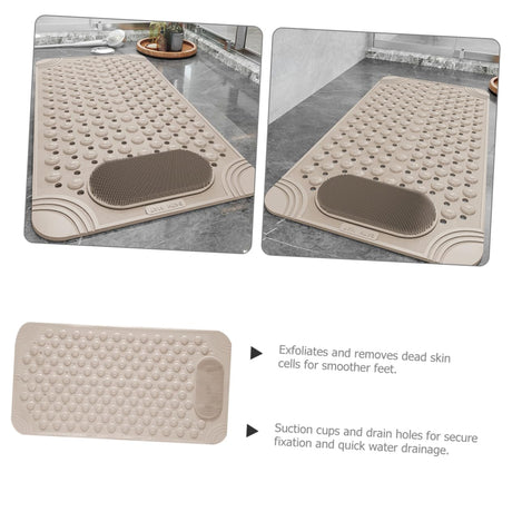 Non-Slip Bath Mat with Foot Scrubber – 90 x 60 cm, Anti-Skid Suction Cups & Drain Holes, Waterproof Shower Floor Pad with Exfoliating Brush(Grey)