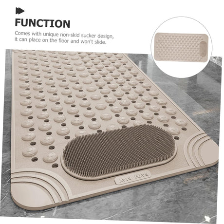 Non-Slip Bath Mat with Foot Scrubber – 90 x 60 cm, Anti-Skid Suction Cups & Drain Holes, Waterproof Shower Floor Pad with Exfoliating Brush(Grey)