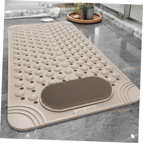 Non-Slip Bath Mat with Foot Scrubber – 90 x 60 cm, Anti-Skid Suction Cups & Drain Holes, Waterproof Shower Floor Pad with Exfoliating Brush(Grey)