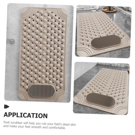 Non-Slip Bath Mat with Foot Scrubber – 90 x 60 cm, Anti-Skid Suction Cups & Drain Holes, Waterproof Shower Floor Pad with Exfoliating Brush(Grey)