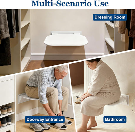 Wall Mounted Folding Shower Seat 440 lbs Load-Bearing – ABS Material Bathroom Stool with Stainless Steel Frame, Foldable 90° for Sauna, Hospital, Home Use (White)