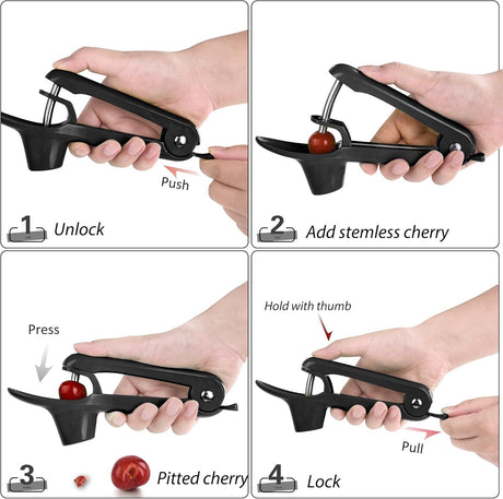 Stainless Steel Cherry Pitter for Jam, Pie & Desserts – Ergonomic Handheld Fruit Corer with Lock Design (Black)