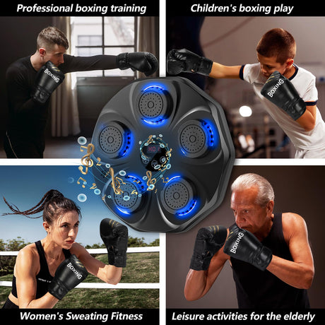 Smart Music Boxing Machine with LED Lights & Bluetooth – Wall-Mounted Interactive Punch Trainer, 9 Modes & 9 Speeds, Includes Gloves for Home Gym Workout (Black)