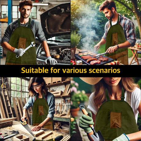 Heavy-Duty Canvas Garden Apron with Pockets & Adjustable Straps – Waterproof Long Apron for Outdoor Work, Farming, BBQ, and Gardening (Green)