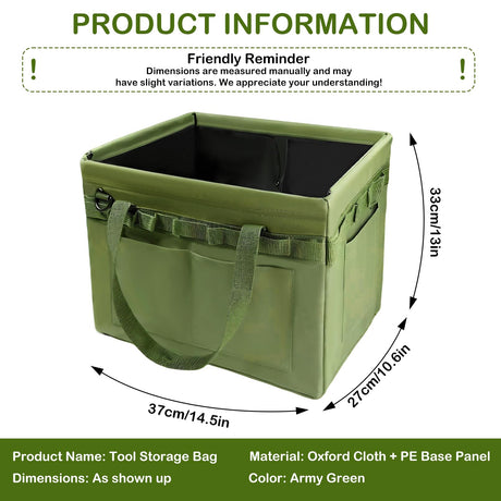 Heavy-Duty Foldable Tool Bag with Side Pockets – Multi-Compartment Oxford Carry Organizer for Tradesmen, DIYers & Outdoor Use (Green)