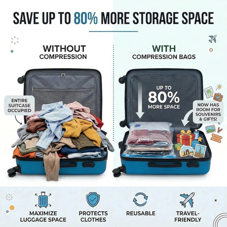 Travel Vacuum Bag Set with Rechargeable Cordless Pump – 3 Sizes for Clothes, Jackets & Accessories, Airtight Dual-Zipper Seal, 4000Pa Suction, Saves Up to 80% Luggage Space, Lightweight & Portable (6 Combo Travel Size)