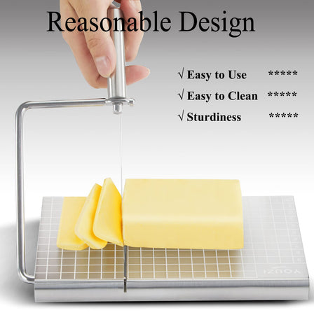 Stainless Steel Cheese Slicer with 10 Replacement Wires – Precision Grid Cutting Board, Ergonomic Handle, Easy to Clean – Ideal for Butter, Cake, Soft Cheese (Silver)