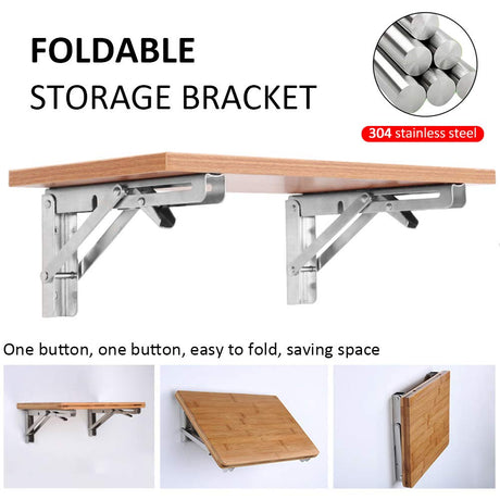 Heavy-Duty Foldable Wall Shelf Brackets – 2-Pack 304 Stainless Steel Triangular Supports with One-Click Release, 550 lb Capacity Each, for Kitchen, Garage, RV & Home; Includes Mounting Hardware (16Inch,Silver)