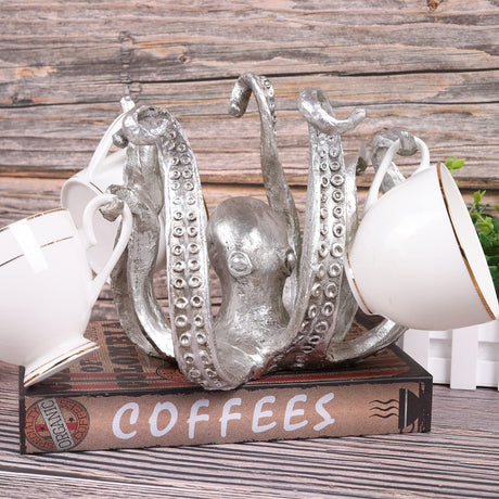 Multi-Functional Octopus Sculpture – Decorative Resin Cup Holder & Jewelry Organizer, Unique Home Accent for Living Room, Office, or Desk (Silver)