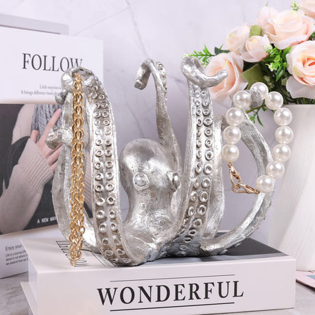 Multi-Functional Octopus Sculpture – Decorative Resin Cup Holder & Jewelry Organizer, Unique Home Accent for Living Room, Office, or Desk (Silver)