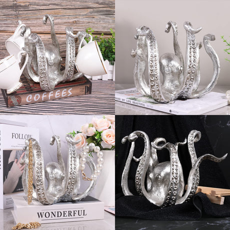 Multi-Functional Octopus Sculpture – Decorative Resin Cup Holder & Jewelry Organizer, Unique Home Accent for Living Room, Office, or Desk (Silver)