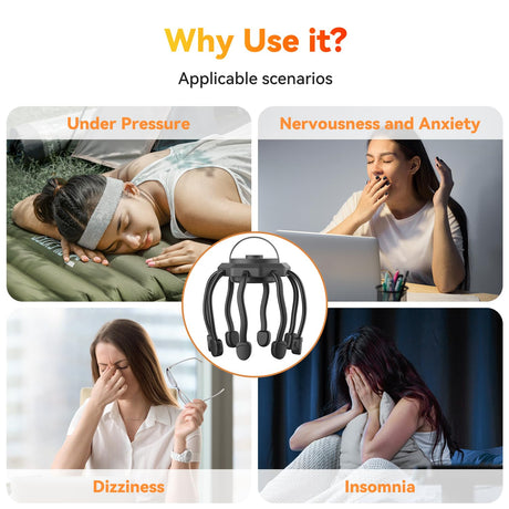 Wireless Octopus Head Massager – 8-Point Vibration Therapy, 360° Scalp Relief, Rechargeable with 3 Modes for Stress & Insomnia Relief (Black)