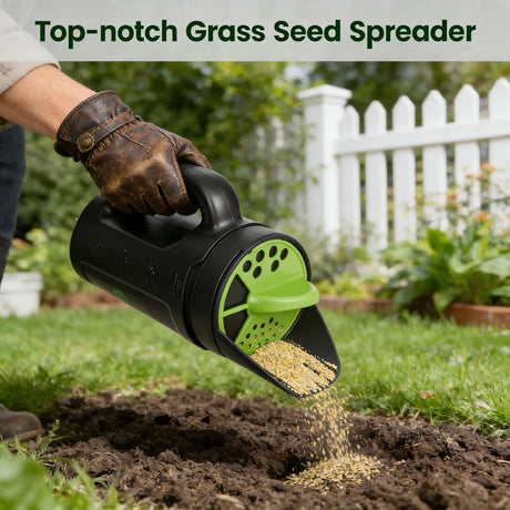 Handheld Garden Seed & Salt Spreader – 80oz Capacity, Adjustable Outlet, Ergonomic Handle for Fertilizer, Grass Seeds, Ice Melt Use (Green)