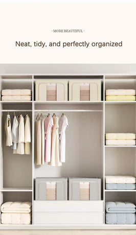 Clothes Storage Bins, 6 Pack Bedding Organizers with Handles, Stackable Metal Frame Closet Organizer, Visable Windows, Clothing Organization for Sweatshirt, Blanket, Long Dresses, (22L ash grey)