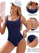 Women's Dark Blue One Piece Swimsuit with White Trim: Adjustable Strap, Ribbed, High Cut for Sports & Beach（L）