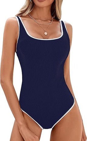 Women's Dark Blue One Piece Swimsuit with White Trim: Adjustable Strap, Ribbed, High Cut for Sports & Beach（XXL）