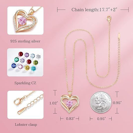 Forever Love Heart Birthstone Necklace: 925 Sterling Silver Personalized Jewelry for Mom, Wife, Friend with 12 Month Stone Options（pink diamond,October）
