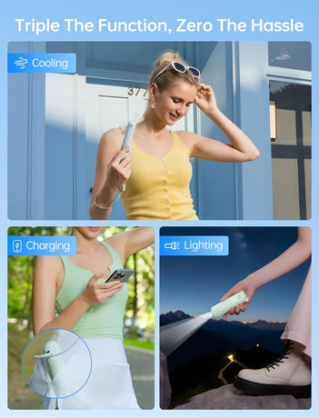 Handheld Mini Fan (Green), 3-in-1 USB Rechargeable Portable Fan with Power Bank & Flashlight, Pocket Design for Travel & Summer