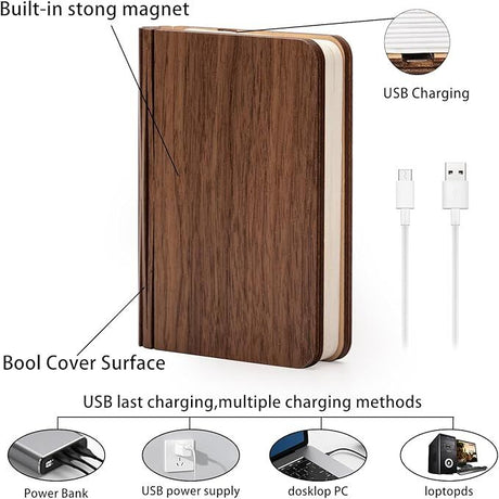 Christmas giftsRechargeable LED Book Night Light: Creative Folding Wooden Lamp with Magnetic Design for Bedrooms & Gifting(Walnut Black,M)