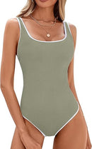 Women's Matcha Green One Piece Swimsuit with White Trim: Adjustable Strap, Ribbed, High Cut for Sports & Beach（S）