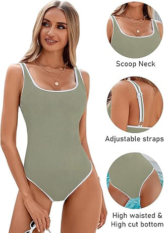Women's Matcha Green One Piece Swimsuit with White Trim: Adjustable Strap, Ribbed, High Cut for Sports & Beach（S）