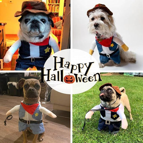 Pet products Small Dog Cowboy Costume with Hat 2pcs Funny Halloween Chucky Costumes Cool West Cowboy Uniform Puppy Denim Overalls Western Cosplay Sheriff Outfits Cat Apparel