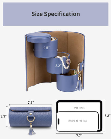 Purple Travel Jewelry Case: 3-Layer PU Cylinder Organizer for Necklaces, Earrings, Gifts for Travelers & Jewelry Lovers